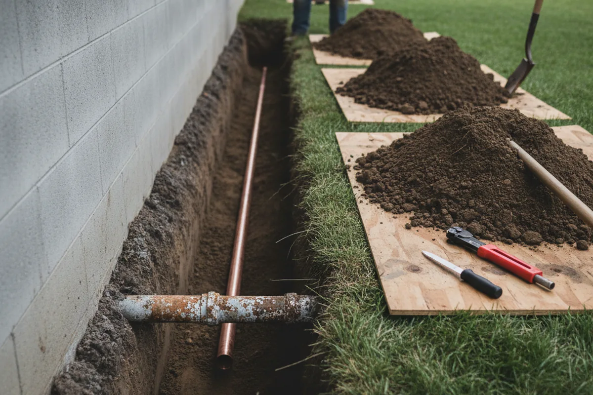 Excavated water line trench during Sewer Line Repair in Mescalero
